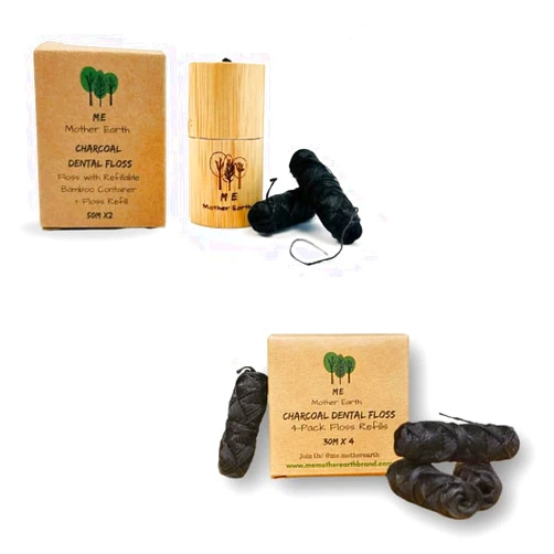 ME MOTHER EARTH Vegan Biodegradable Bamboo Charcoal Dental Floss with Refillable Bamboo Container with 33yds x4 Refill | Peppermint Essential Oil | Eco Friendly Zero Waste Oral Care