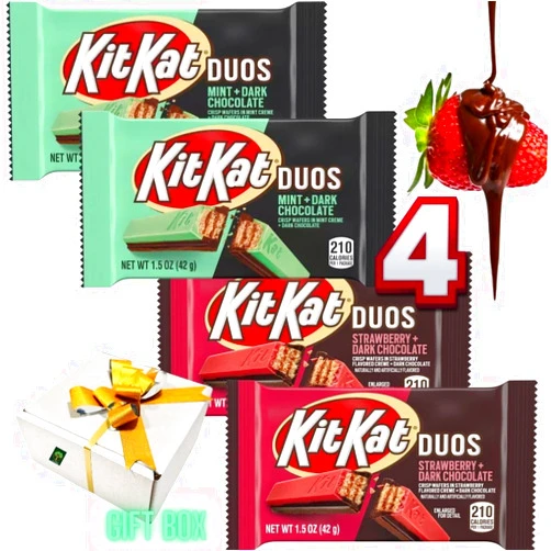 Generic (PACK OF 4) KitKats DUOS Chocolate - Two Strawberry+Dark Chocolate and Two Mint+Dark Chocolate - Limited Edition -1.5oz Bars - Comes Inside a Think FWD Gift Box Perfect to Surprise Yourself or a Friend or a Loved One (Mint+Strawberry)