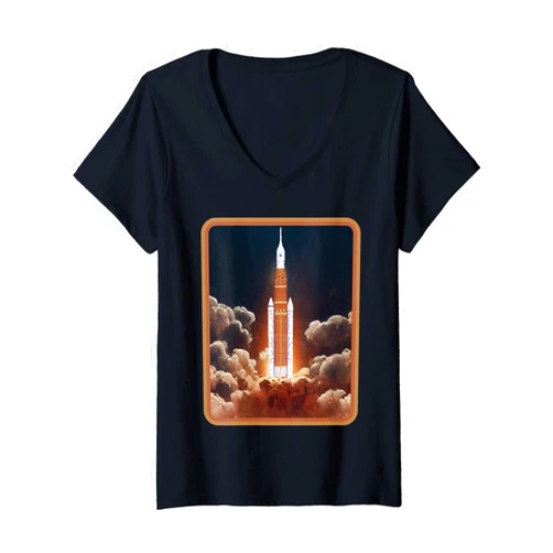 Space Launch Moon Landing Merch Womens Artemis Launch SLS Moon Rocket Orbit Space V-Neck T-Shirt