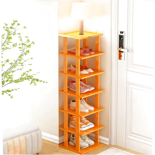 SAN HE Bamboo Shoe Rack - Vertical Shoe Rack for Small Spaces, Tall Narrow Shoe Rack Organizer for Closet Entryway Corner Garage and Bedroom,Skinny Shoe Shelf Free Stackable DIY - Space Saving Storage