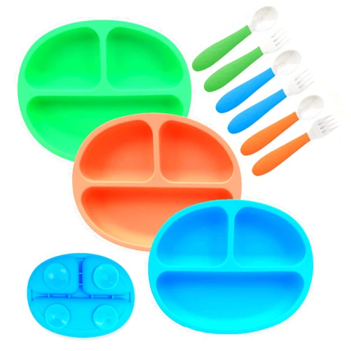 Elk and Friends Silicone Suction Plate for Babies/Toddlers + Stainless Steel Silverware Feeding Set | Divided Plate | Suction Design | Forks + Spoons Included | 3 Pack