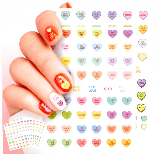 CNhoqc 8 Sheets Valentine’s Day Conversation Heart Candy Color Nail Sticker, Valentine’s Theme Colorful Nail Sticker with Sweet Words Hug Me Be Mine Cute Nail Decals for Girls DIY Manicure Supplies