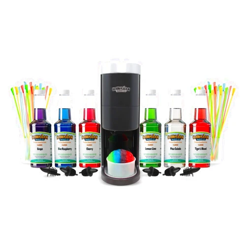 Hawaiian Shaved Ice HomePro Shaved Ice and Snow Cone Machine Kit, 6-16oz. Syrup Flavors Cherry, Grape, Blue Raspberry, Tiger’s Blood, Lemon-Lime, Pina Colada, 50 spoon straws, 6 black pour spouts