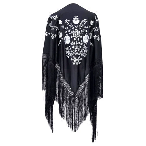 AMINA Medium Peak Shawl Triangular Flamingo or Sevillanas (170 x 70 cm) Black Embroidered White