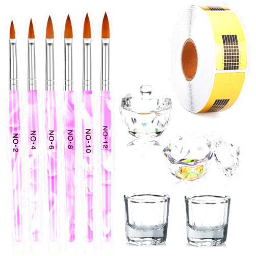 Yokilly Nail Brush Set, 6 PCS Acrylic Nail Art Brush Nail Polish Brush 4PCS Crystal Dappen Dish for Acrylic Nails & 500 PCS Nail Forms for Acrylic Nails