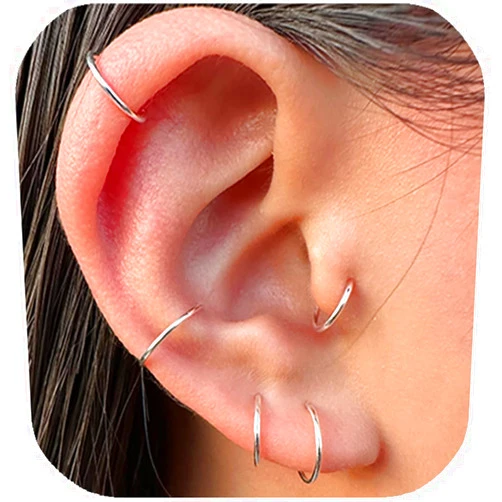 LUCKYJEWUS 7mm Small Sterling Silver Cartilage Helix Nose Huggie Hoop Earrings for Women