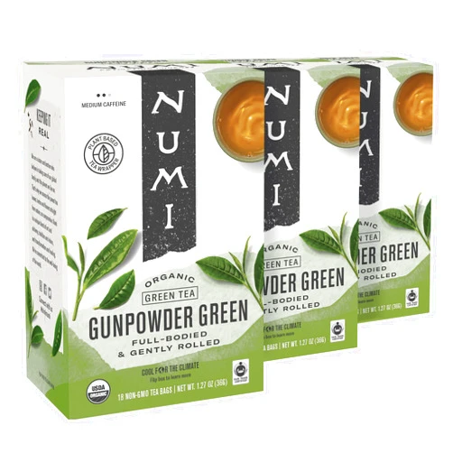 Numi Organic Tea Gunpowder Green, 18 Tea Bags (Pack of 3), Full-Bodied Gently Rolled Chinese Green Tea (Packaging May Vary)