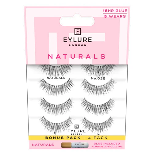 Eylure Naturals False Lashes - No. 029, 4 Pairs Bonus Pack | Glue Included | 5 Wears