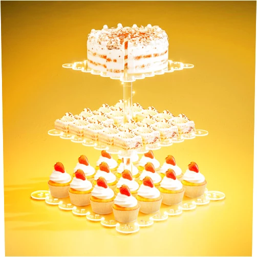 PinCute Acrylic Cupcake Stand, 3 Tier Cupcake Tower Holder with LED String Light, Dessert Table Display Cake Stand for Birthday Candy Bar Weddings Party Décor, Yellow Light