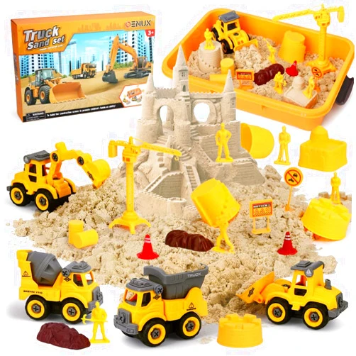OENUX Play Sand Construction Set, Beach Building Castle Kit w/ 2.2lbs Play Sand, 4 Take Apart Construction Trucks Toys and Signs, Sensory Sandbox with Cover for Boy Girl Kid Toddlers Age 3-8