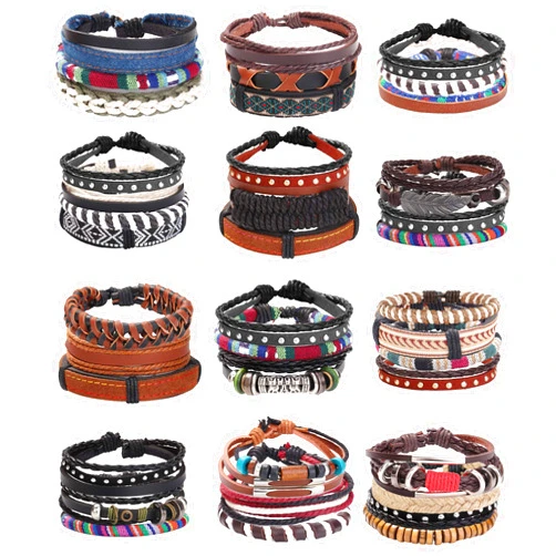 ORAZIO Mens Bracelet,Braided Leather Bracelets for Men Women,Tribal Handmade Wood Wrap Cuff Wristband Bracelets Set Adjustable