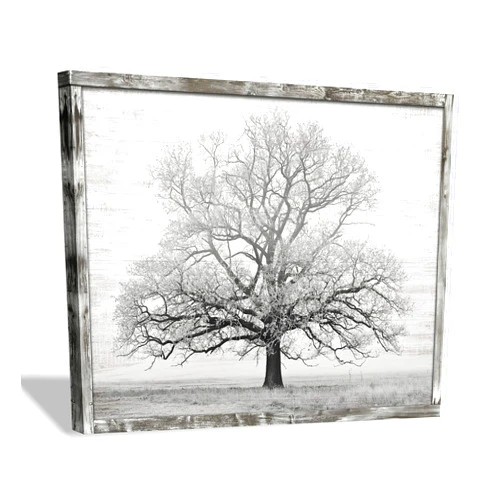 Hardy Gallery Wooden Winter Tree Wall Art: Farmhouse Foggy Landscape Picture Painting Print on Natural Wood with Handcrafted Rustic Wooden Framed Artwork (16” x 12”)