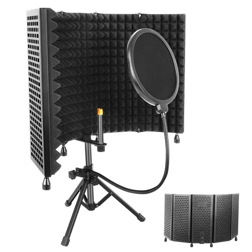 Hasfu Studio Recording Microphone Isolation Shield with Pop Filter and Tripod Stand, High Density Absorbent Foam to Filter Vocal, Foldable Sound Shield for Blue Yeti and Condenser Microphones