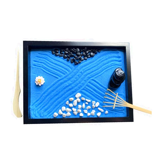 Imamse Zen Garden Kit,Japanese Zen Decor Mini Rock Garden Meditation Gifts Set. Home, Office Desk Accessories, Zen Sand Garden. Aqua Blue Sand Zen Stacking Stones, Black & White Stones and a Lotus Flower
