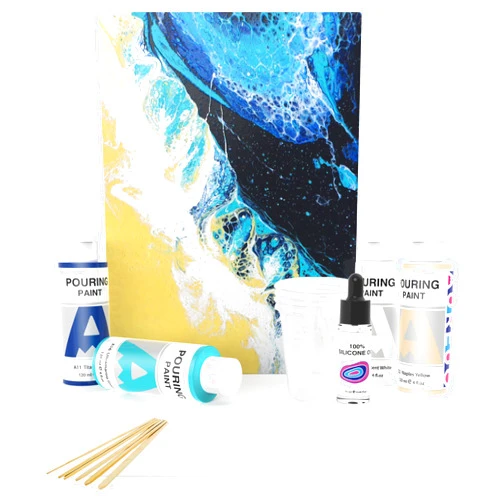 AUREUO Acrylic Paint Pouring Kit - 4 Colors 4 Oz./ 120ml Bottles High Flow Pre-Mixed Ready to Pour with Silicone Oil & Pour Painting Supplies - Beach
