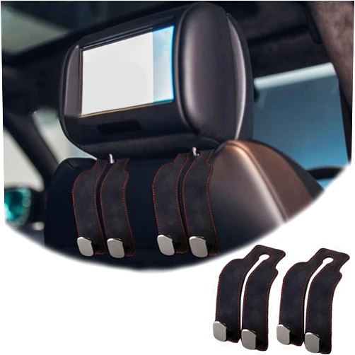 FRJINIE Car Seat Back Double Hooks, 2PCS Leather Car Seat Headrest Double Hook and Mobile Phone Holder, Automotive Seat Back Organizers Mobile Phone Support Hooks for Purses and Bags (Black-2PC)