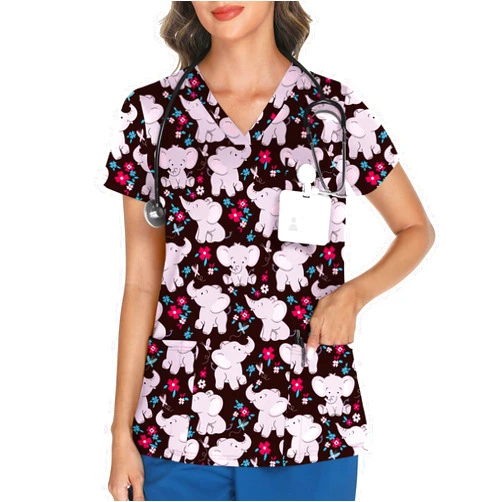 LOMON Scrubs for Women V Neck Printed Scrub Tops Soft Knit Nurse Uniform Shirts with 3 Pockets