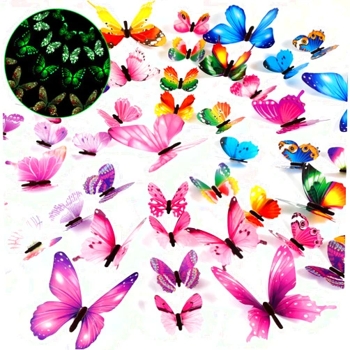 Outus 48 Pieces Luminous 3D Glow in The Dark Butterfly Wall Decors Decal Removable Ceiling Butterfly Stickers DIY Art Crafts for Nursery Living Room Bedroom Home Decoration (Pink, Purple, Multi-Colors)