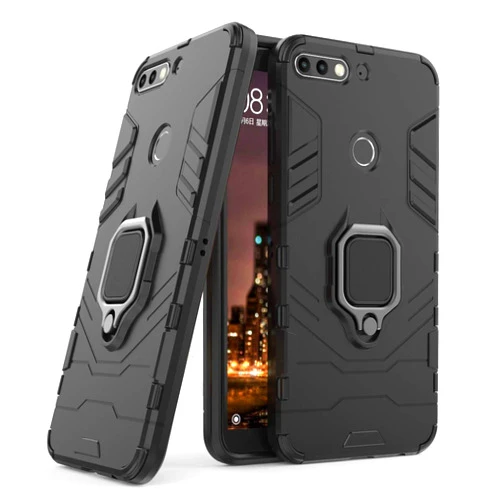 MaiJin LuluMain Compatible with Huawei Y7 Prime (2018), Nova 2 Lite, Honor 7C Case, Metal Ring Grip Kickstand Hard Bumper (Works with Magnetic Car Mount) Dual Layer Rugged Cover (Black)