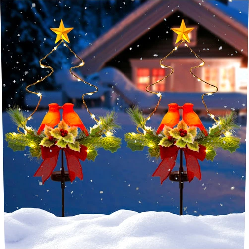 SOWSUN Solar Christmas Decorations Outdoor LED Lights, Waterproof Red Birds Xmas Tree Pathway Lights, Cemetery Grave Decorations,Star Christmas Ornament Stakes for Garden Lawn Yard Cemetery, Set of 2