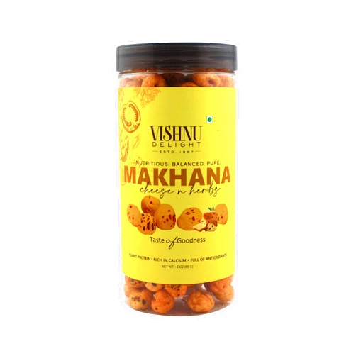 Vishnu Delight Roasted Fox Nuts – Cheese & Herb Flavor 3.18 oz | Organic Makhana Snack | Gluten-Free, Vegan, Non-GMO | Healthy Crunch | 90g Jar