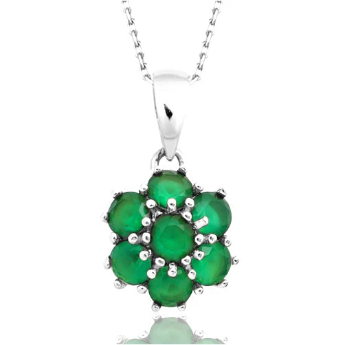 DIONJEWEL 14k Gold Emerald Flower Pendant Necklace, Green Emerald Honeycomb Pendant with Gold Chain, May Birthstone, Gemstone Necklace (14k White Gold)