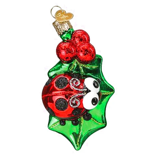Old World Christmas Holly Ladybug Glass Blown Ornament for Christmas Tree, Handcrafted Holiday Decoration, Insect Collection