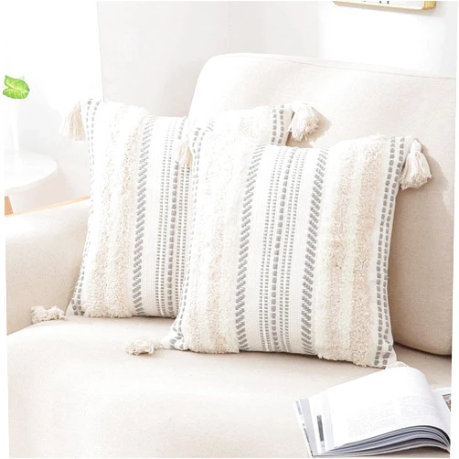 decorUhome Decorative Boho Throw Pillow Covers 20x20 Set of 2, Accent Neutral Tufted Pillow Covers for Couch Bed Sofa Living Room, Textured Striped Woven Pillow Covers, Beige and Cream White