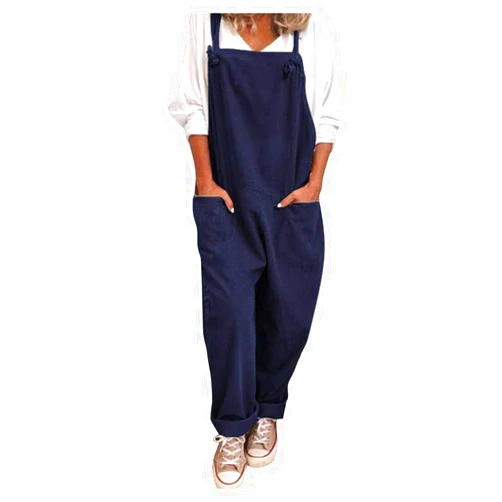 WUAI-Women Casual Loose Baggy Bib Pants Linen Cotton Wide Leg Harem Overalls Jumpsuits Casual Rompers Plus Size