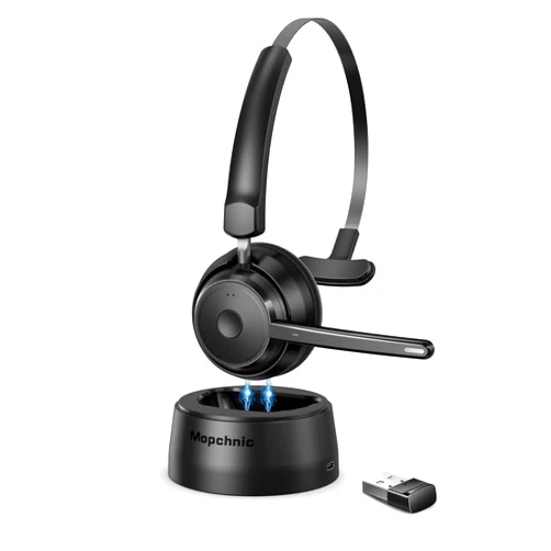 Mopchnic Bluetooth Headset 2024 Upgraded Version, Wireless Headset with AI Noise Canceling Microphone, On Ear Bluetooth Headset with USB Dongle for Office Call Center Skype Zoom Meeting Online Class