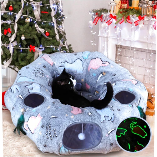 FORMYCATIE Cat Tunnel Bed,Cat Toys for Indoor,Donut Tunnel with Soft Central Couch,Collapsible Peekaboo Cave with Kitty Toy Set（Luminous）