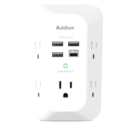 Addtam USB Wall Charger Surge Protector 5 Outlet Extender with 4 USB Charging Ports (1 USB C Outlet) 3 Sided 1800J Power Strip Multi Plug Outlets Wall Adapter Spaced for Home Travel Office ETL Listed