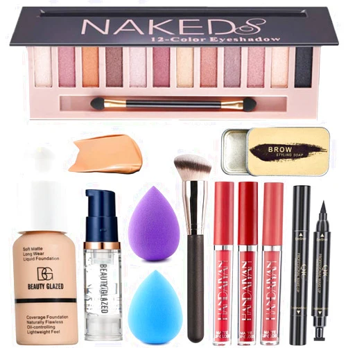 BAISEN DIARY All in One Makeup Kit For Girls 12 Colors Naked Matte Shimme Eyeshadow Palette, Buff Beige Foundation Face Primer, Makeup Brush, Makeup Sponge, Eyebrow Soap, Lipstick Set, Winged Eyeliner Stamp (SetB)