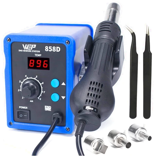 WEP 858D Hot Air Rework Soldering Station with Temperature Control, Adjustable Air Volume, Digital Display for SMD Soldering with 3 Extra Hot Air Nozzles