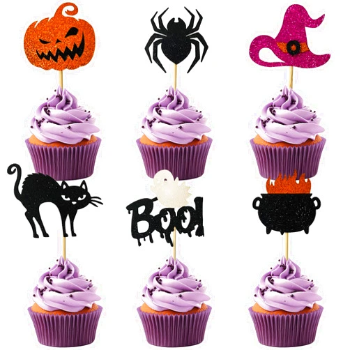 IPAIDUI 24 PCS Halloween Cupcake Toppers Set, Witch Hat Cat Spider Pumpkin Boo Sign Cupcake Picks for Halloween Theme Birthday Party Cake Decoration Supplies
