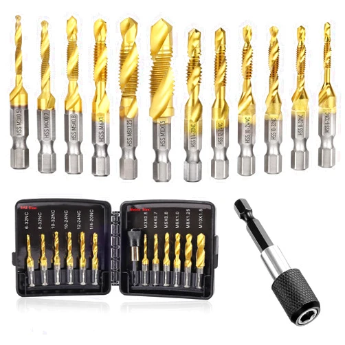 Valkynos 13Pcs Drill Tap Set, 6 SAE Sizes: 6-32NC to 1/4-20NC, 6 Metric Sizes: M3 to M10 with Quick-Change Adapter