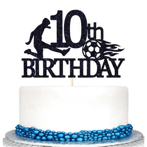 Colorfulparty Black Glitter Happy 10th Birthday Cake Topper - Soccer Ball Cake Topper for 10 Years Old - Cheers To 10 Years, Football Themed Party Decorations