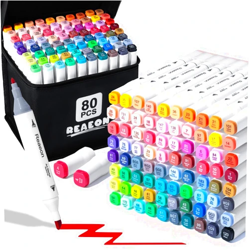 Reaeon Alcohol Art Markers, 80 Colors Fine & Chisel Dual Tip Marker Set, Permanent Art Markers for Adults Sketching Painting Drawing and Coloring(White Barrel)