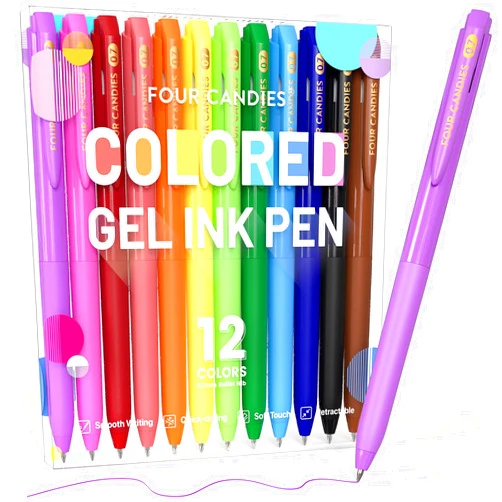 Four Candies Quick Dry Ink Colored Pens Set, 12 Colors Retractable Gel Pens, 0.7mm Fine Point Colorful Pen for Note Taking & Drawing, Colored Gel Pen with Comfort Grip for Office, School & Home