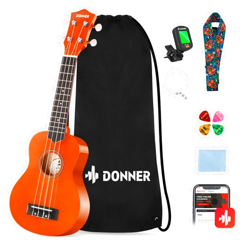 Donner Soprano Ukulele for Beginners 21 Inch Ukelele Starter Bundle Kit with Free Online Lessons Bag Strap String Tuner Picks Cloth Ukalalee Yukalalee (Orange)