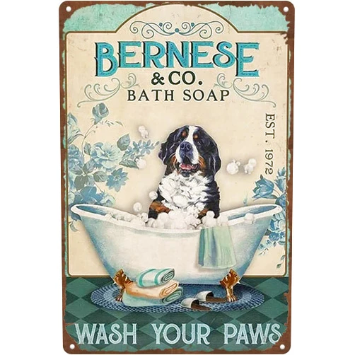 Habilboi Funny BathroomTin Sign Bernese Mountain Dog Bath Soap Wash your paws Vintage Aluminum Sign for Home Toilet Restaurant Kitchen Bar Coffee Wall Decor Art Gift for Women Men Friends 8x12inch