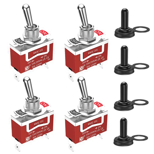 RVBOATPAT Waterproof Toggle Switch 12V Marine Boat Automotive Car SPST 2 Pin ON Off Toggle Switch with Boot Cover 30A 12 Volt 120V Heavy Duty -4pcs