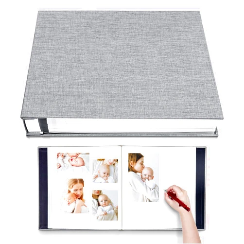 HoneyTolly Photo Album Self Adhesive 3x5 4x6 5x7 6x8 8x10 8.5x11 11x10.6 Magnetic Scrapbook Length 11x10.6 Inch 40 Pages Linen Cover DIY Photo Album with A Metallic Pen and DIY Accessories(Gray)