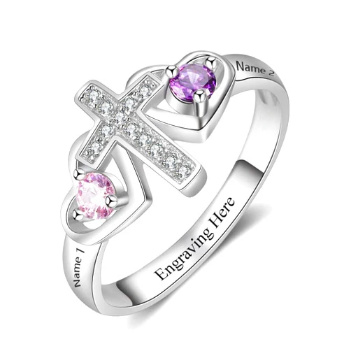 FenFang Gifts for Mom Personalized Cross Rings for Women with 2 Birthstone Mothers Day Gifts Custom Mom Rings with 2 Names Mothers Cross Name Rings Promise Rings for Her
