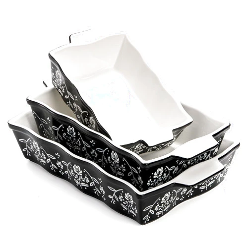 Bekith 3-Piece Ceramic Baking Dishes with Handles, Casserole Dishes for Oven, Rectangular Deep Lasagna Pans, Porcelain Bakeware Sets for Baking Cake Kitchen, Cooking, Black and White