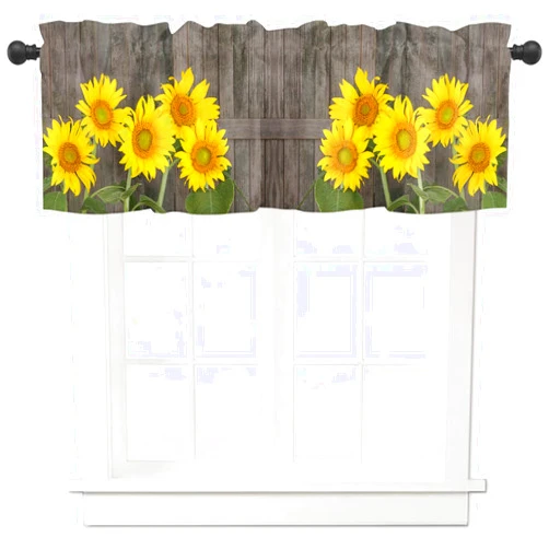 Litter Star Natural Flowers Blooming Yellow Sunflowers Window Valance Rod Pocket Panel for Kitchen Bedroom Windows Vintage Farm Barn Door Planks Valances Short Curtain Bathroom Treatment Drapes