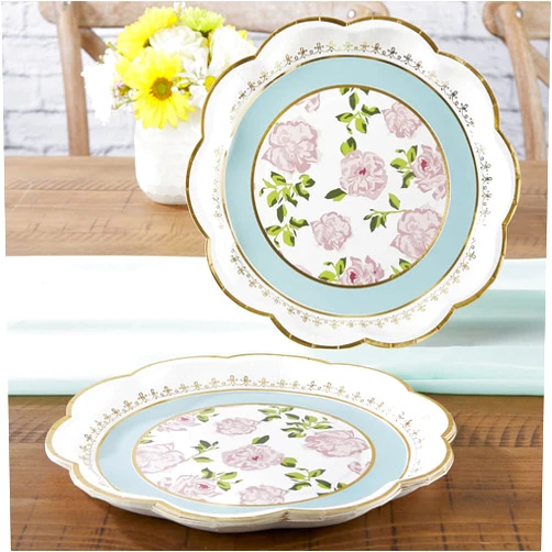 Kate Aspen Vintage Floral Tea Party 9 In Premium Floral Paper Plates Blue (Set of 16), One Size, (28590NA)
