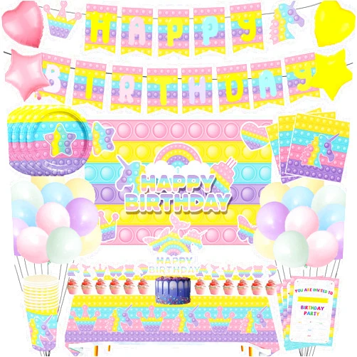 KaKanParty KaKan 124PCS pop birthday decorations for girl,Pop Birthday Party Supplies,Includes Banner,Backdrop,Cake Toppers,Tablecloth,Napkin,Plates,Cups,Balloons,Invitation Cards.For girls birthday decorations