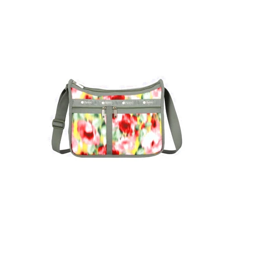 LeSportsac Chasing Flowers Deluxe Everyday Crossbody Bag + Cosmetic Bag, Style 7507/Color E546, Vibrant Tropical Soft Focus Flowers, Bokeh Style Art In Motion, Raspberry, Avocado & Sunny Yellow Blooms