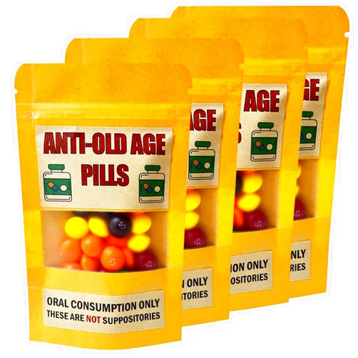 PHAWNGU 4 Pack Funny Anti-Old Age Pills (Empty Pouch) – Gag Gift for Seniors, Over the Hill Birthday, Retirement Party Favor, Joke Gift Bag for Men & Women Without Sweets